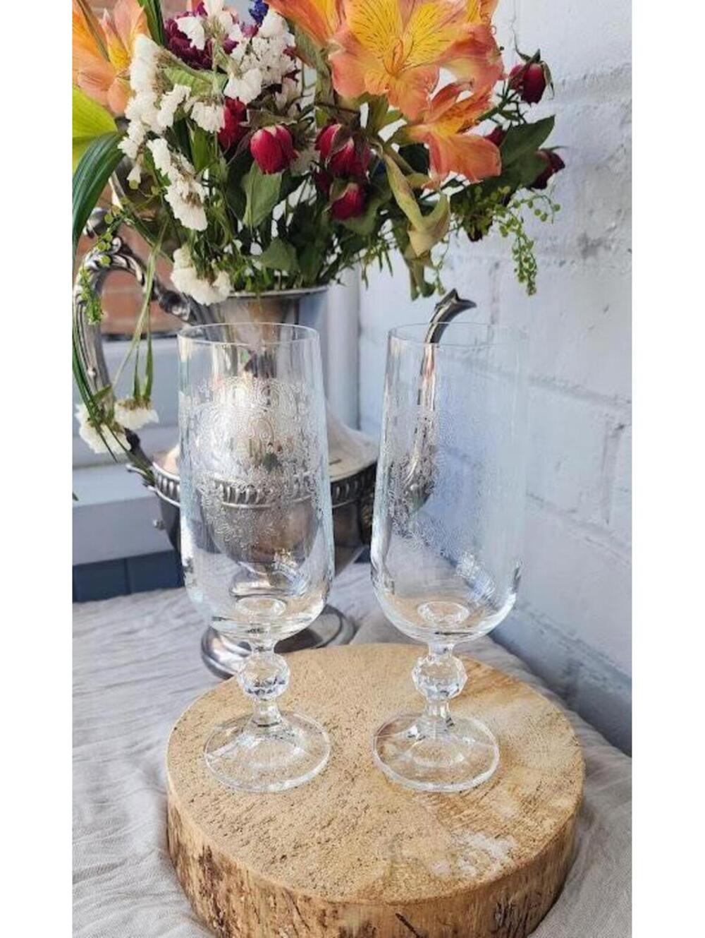 Vintage Etched Glass Goblets Set of 2 | Wedding Toast Glasses